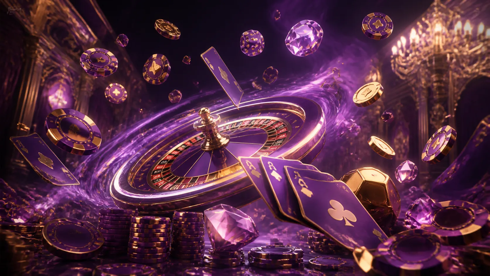Luxurious casino-themed hero banner with neon elements, poker chips, and glowing dice.